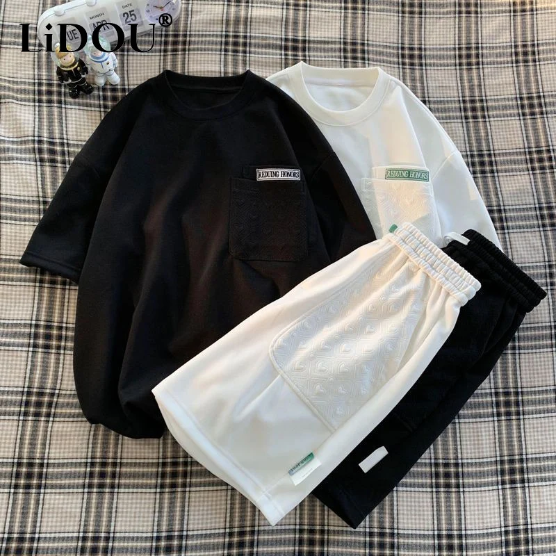 Summer New Solid Color Short Sleeve Matching Sete Man Round Neck Loose Casual Tops Male Elastic Waist Pockets Knee Length Shorts autumn trousers sports spring sweatpants pockets slim male pants great breathable autumn trousers for home