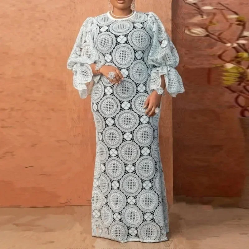 

African Dresses For Women Elegant Hollow Out New Muslim Fashion Abayas Dashiki Robe Kaftan Long Maxi Dress One Piece 2023