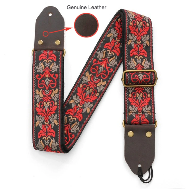 Luxury Genuine Leather Guitar Strap Adjustable Embroidery Woven Cotton