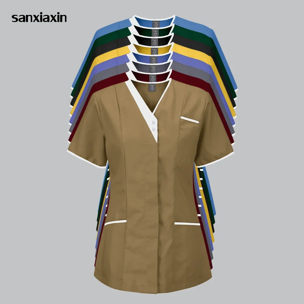

8 Color Beauty Salon Uniform Breathable Nurse Uniform Medical Accessories Fashion Patchwork Blouse Scrubs Tops Spa Clothes Women