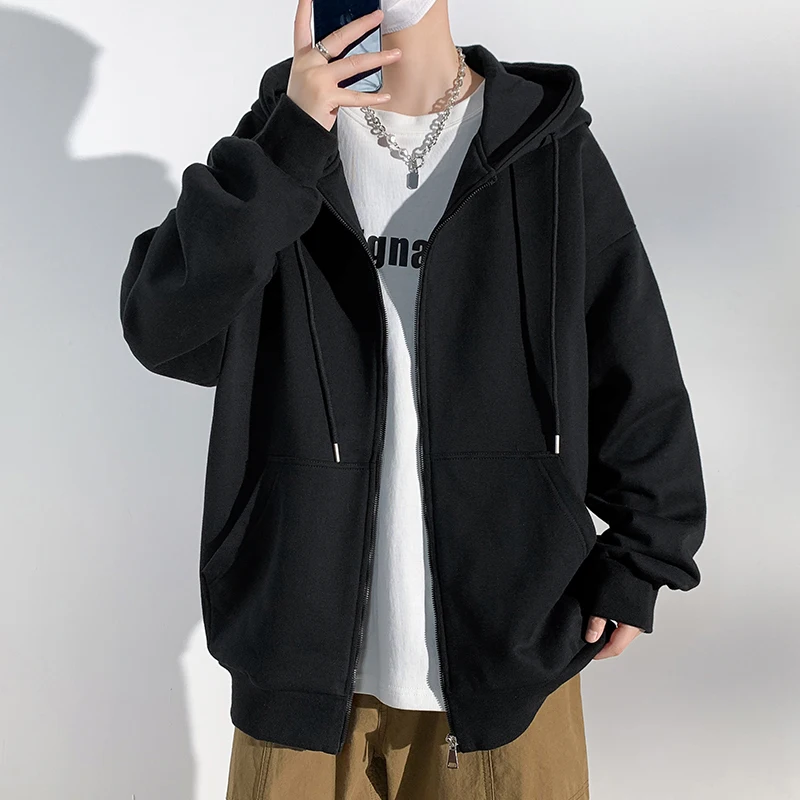 Men's Spring Autumn Drawstring Solid Pockets Hooded Long Sleeve Sports Hoodies Cardigan Coats Casual England Style Vintage Tops