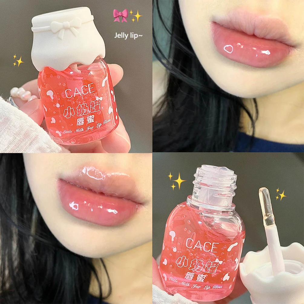 1Pcs Cute Milk Jar Lip Gloss Lip Plumper Oil Moisturizing Lipstick Peach Colorless Glitter Lipgloss Long Lasting Female Makeup