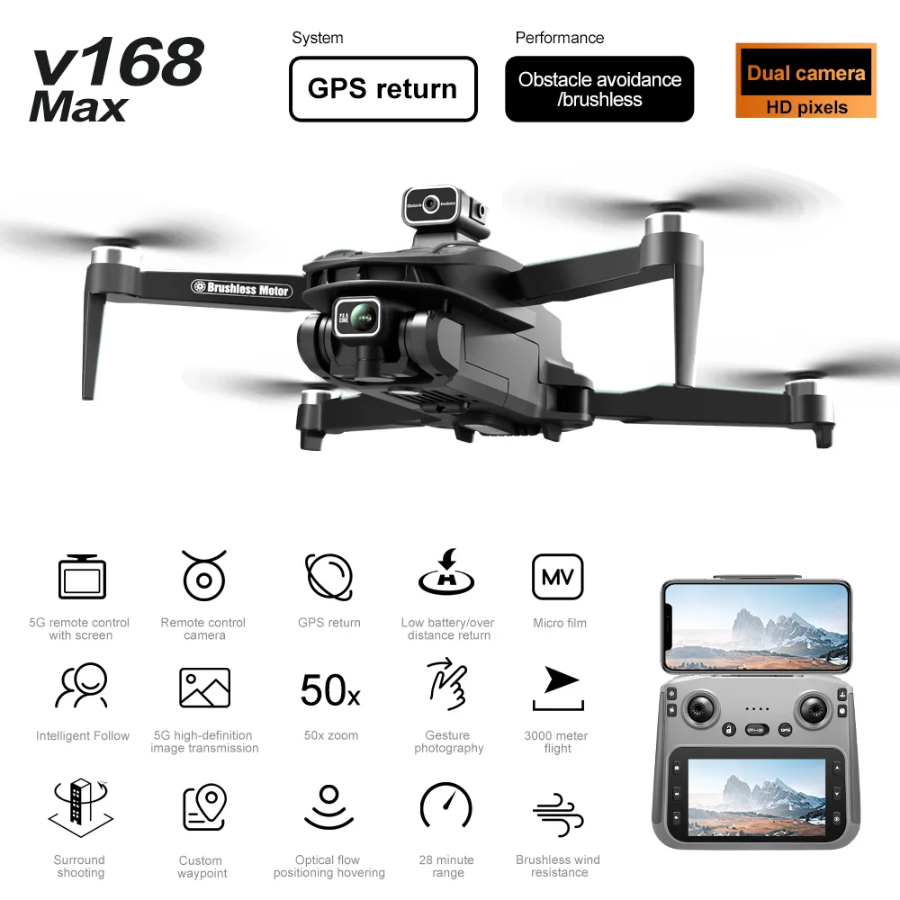 2025 V168 GPS Drone 8K HD Dual Camera WIth Screen Control Brushless Dron 360° Obstacle Avoidance 5G WIFI FPV RC Quadcopter Toy