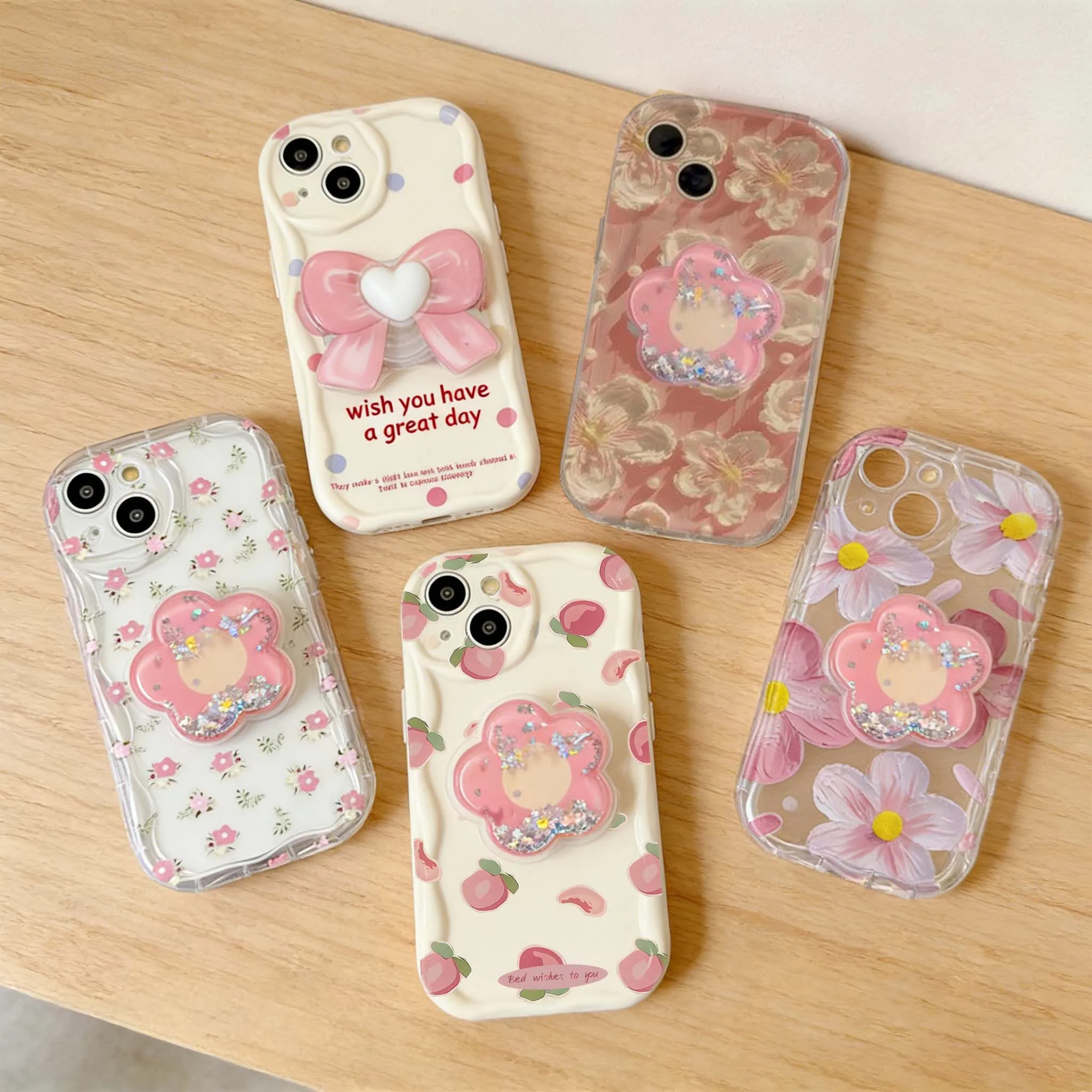 Korean Flower Bracket Holder 3D Wave Phone Case Cover