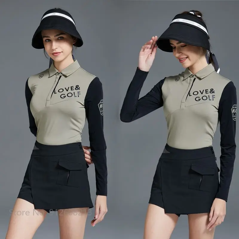 Love Golf Women Long Sleeve Sunscreen Golf Shirt Printed High Waist Skirt Ice Silk Patchwork Tops Ladies A-line Short Skort,women golf polo shirt