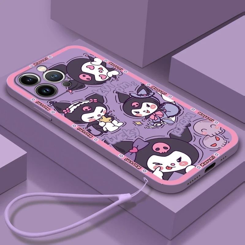 

Cartoon Kuromi Cute For Apple iPhone 14 13 12 Mini 11 Pro XS MAX XR X 8 7 6S SE Plus Silicone Liquid Rope Phone Case Coque Capa