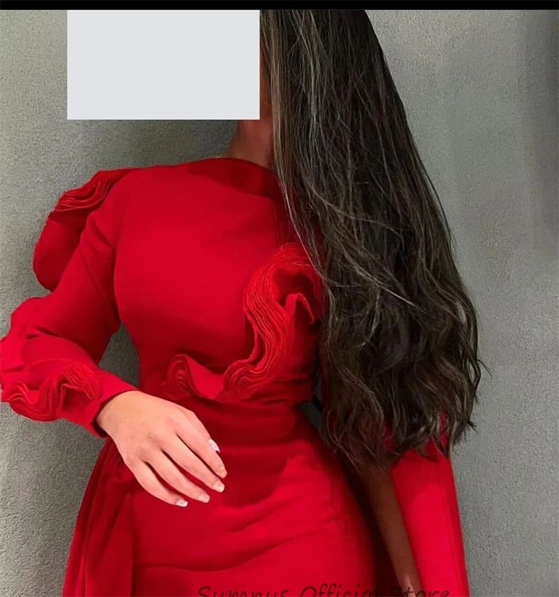 SUMNUS Vintage Red Mermaid Evening Dress Ruffles Long Sleeves Saudi Arabic Prom Party Dress Skirt Dubai Formal Gown