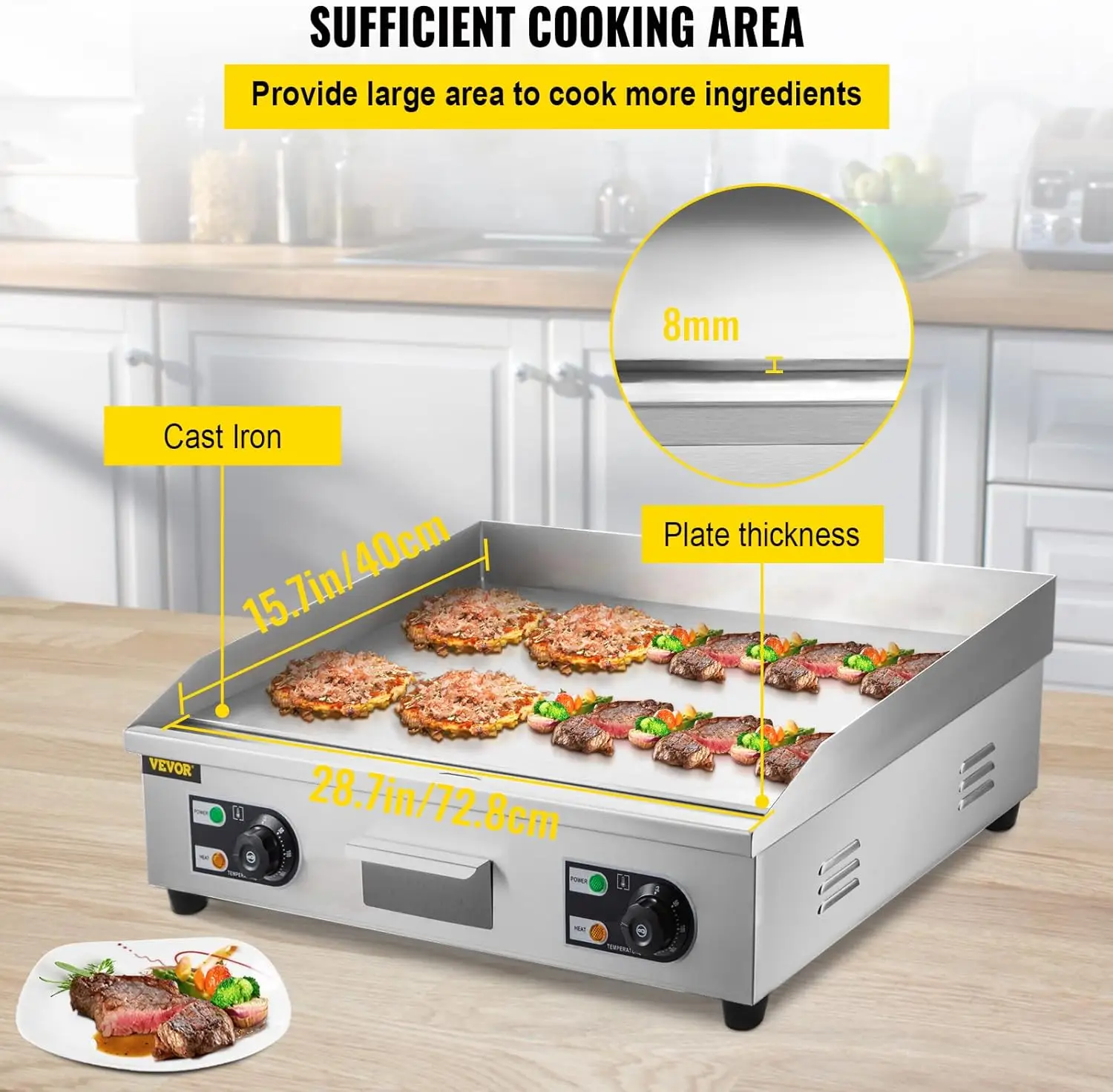 Electric Griddle 3000W Electric Countertop Griddle Non-Stick Restaurant 110V Teppanyaki Flat Top Grill Stainless Steel Adjustabl 4