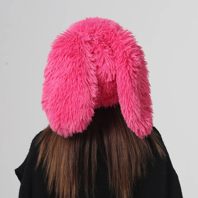 Cute Rabbit Ear Plush Beanies Cap Women Girl Winter Warm Cartoon Ear Protection Hat Korean Lamb Fleece Pullover Cap Bonnets 4