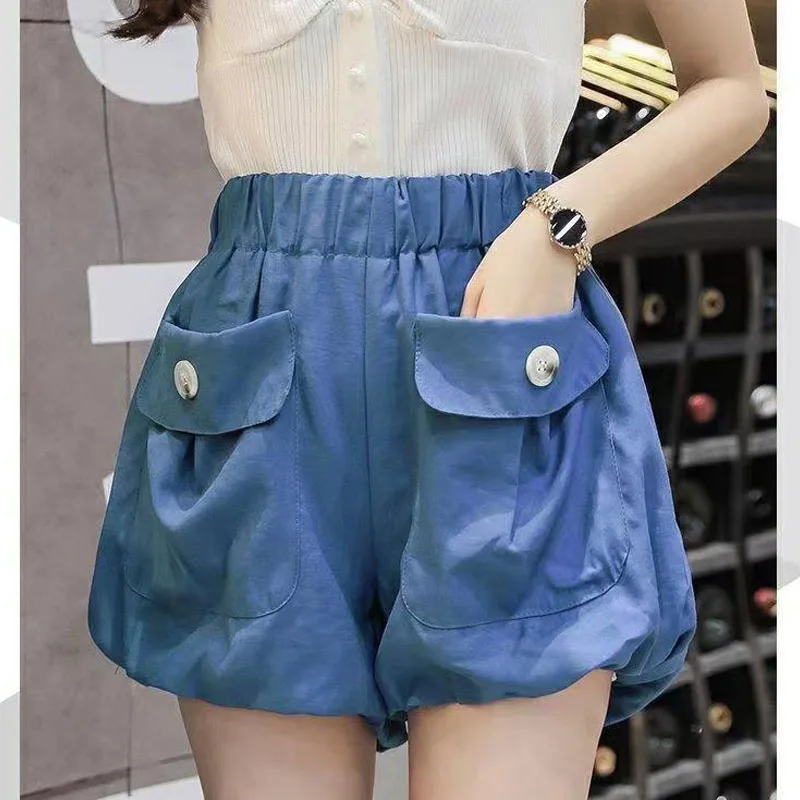 Female Korean Casual Elastic High Waist Solid Shorts Summer Loose Fashion Pockets Spliced All-match Shorts Women's Clothing