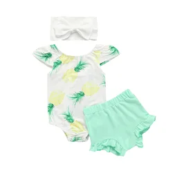 Newborn Baby Girls Clothing Three-Piece Outfits Flying Sleeve Pineapple Printing Bodysuit Solid Color Shorts Decorative Hairband