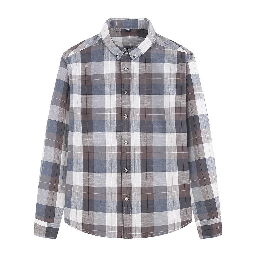 Boweylun 100% Cotton Large Plaid Casual Shirt Men Skin-friendly and Comfortable Loose Youth Gradient Long Sleeve Shirt