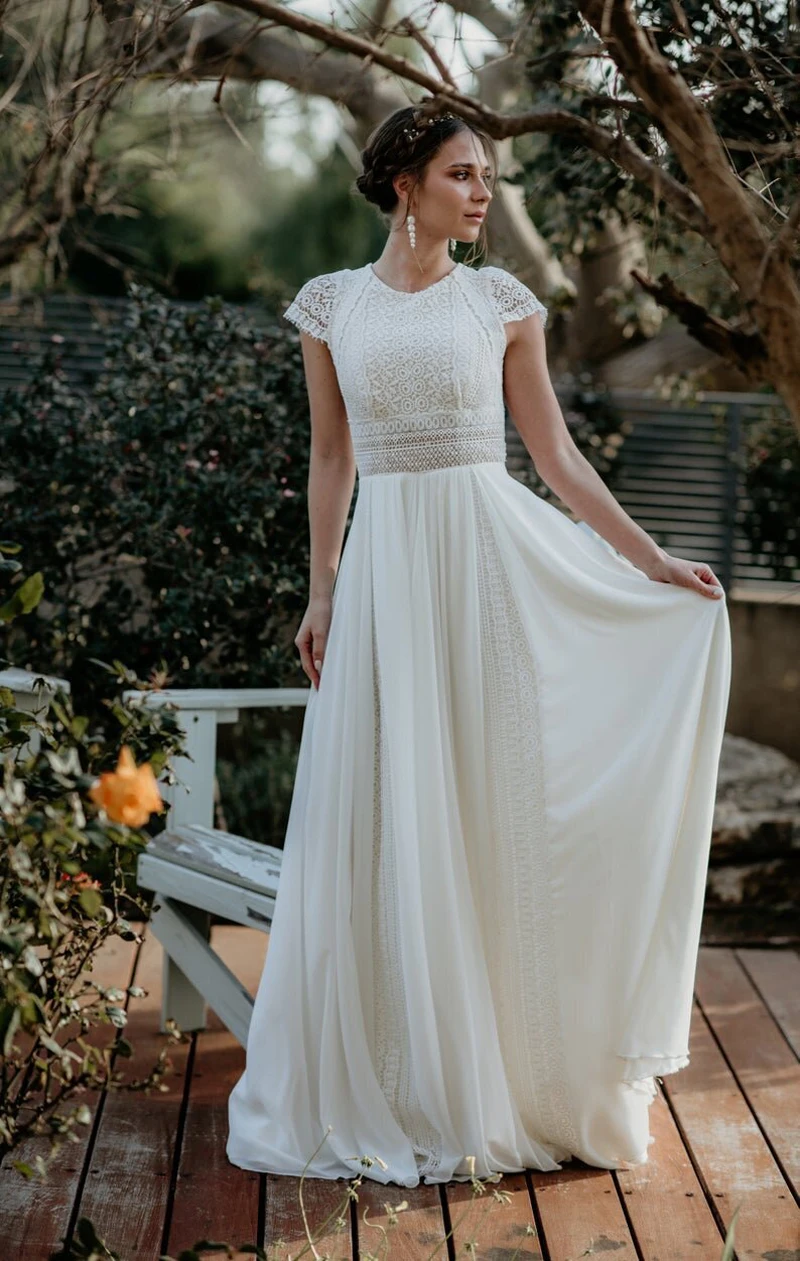 VIKTORIA Boho Wedding Dress Long Chiffon Bridal Gowns With Sleeves And Cap Simple Beach For Women Custom Made Vestidos De Noiva cheap wedding dresses