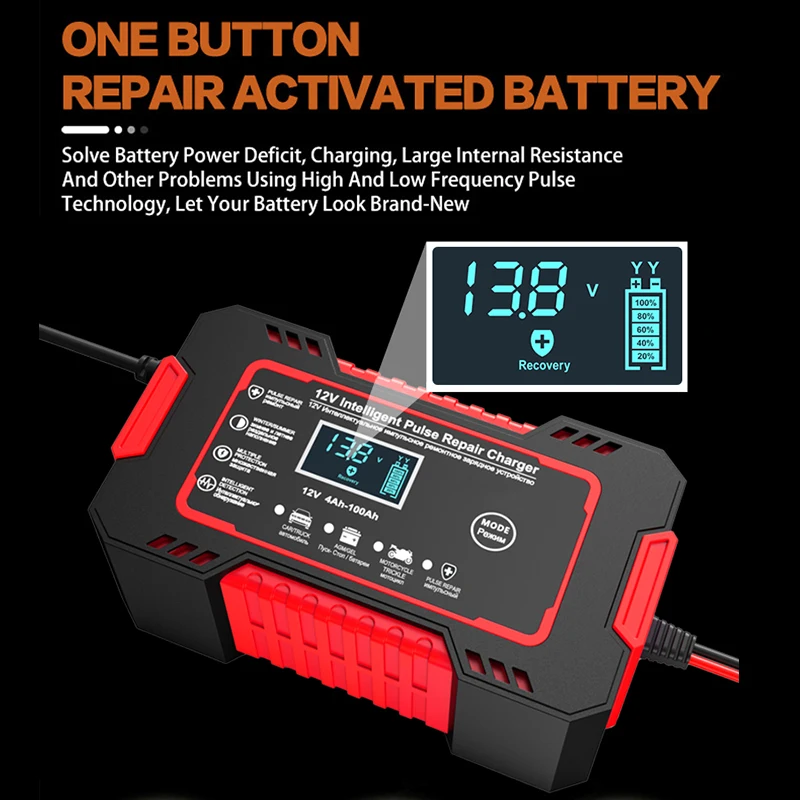 Car Battery Charger 12V 6A Pulse Repair LCD Display Smart Fast Charge AGM Deep Cycle GEL Lead-Acid Charger For Auto Motorcycle 5