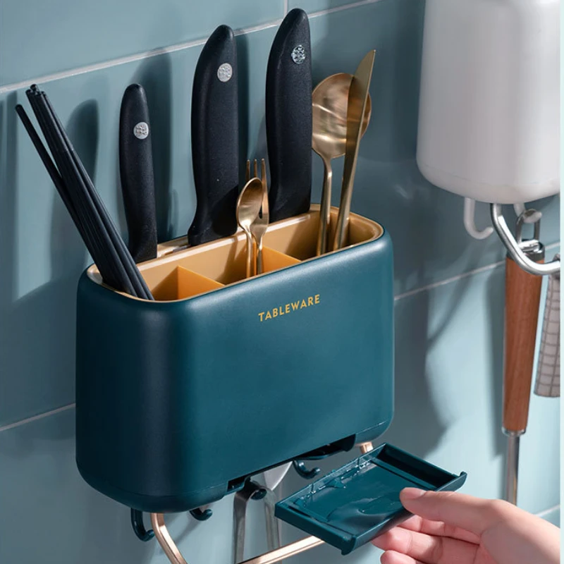 

Chopsticks Holder Punch-free Wall-mounted Tableware Rack Kitchen Chopsticks Fork Tubes Household Tableware Drain Storage Box
