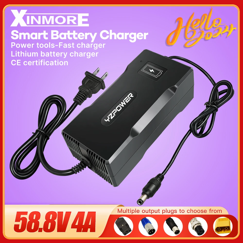 XINMORE 58.8V 4A 14S Lithium Ion Battery Charger with Cooling Fan Plastic Shell Material Fast Charging for 48V with Output Plug