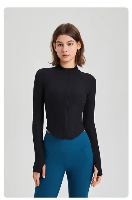 Chaqueta Deportiva De Manga Larga Para Mujer - Cremallera Completa, Agujeros Para Pulgares, Ajustada, Para Correr Y Gimnasio