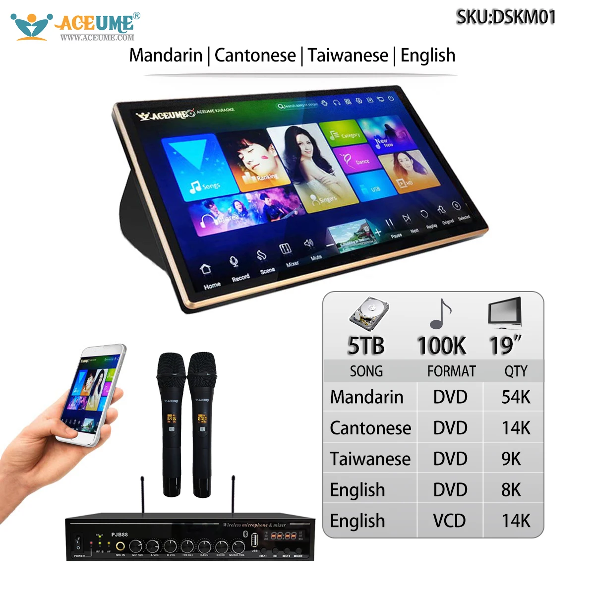 DSKM01-5TB HDD 100K Chinese English Songs 19" Desktop Touch screen karaoke player Microphone Port Mixing Free Microphone Include