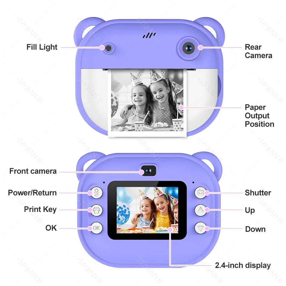 57x25mm 감열 사진 프린터 어린이용 디지털 카메라 즉석 인쇄 듀얼 렌즈 1080P 비디오 어린이 크리스마스 선물