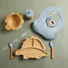 Baby Wooden Tableware Feeding Set Bamboo Dinosaur Plate Bowl Silicone Wooden Handle Frok Spoon Baby Dinnerware Feeding Supplies 4