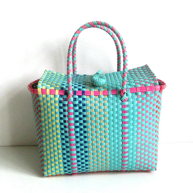 Women Large Plastic Weave Beach Bag Woven Bucket Bag Casual Tote