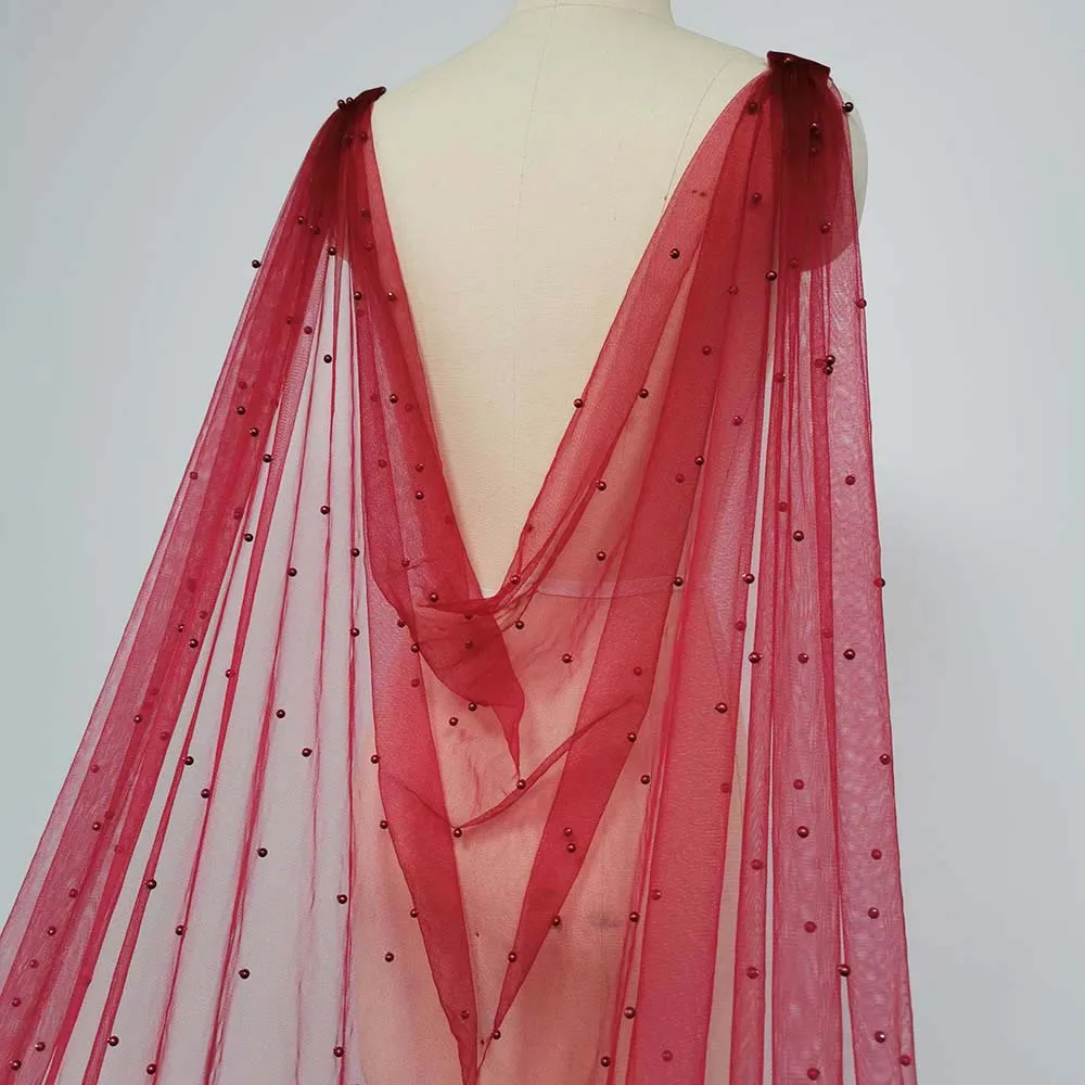 

Burgundy Pearls Wedding Cape with Pins 3 Meters Long Bridal Bolero with Pearls Shoulder Veil Wedding Accessories