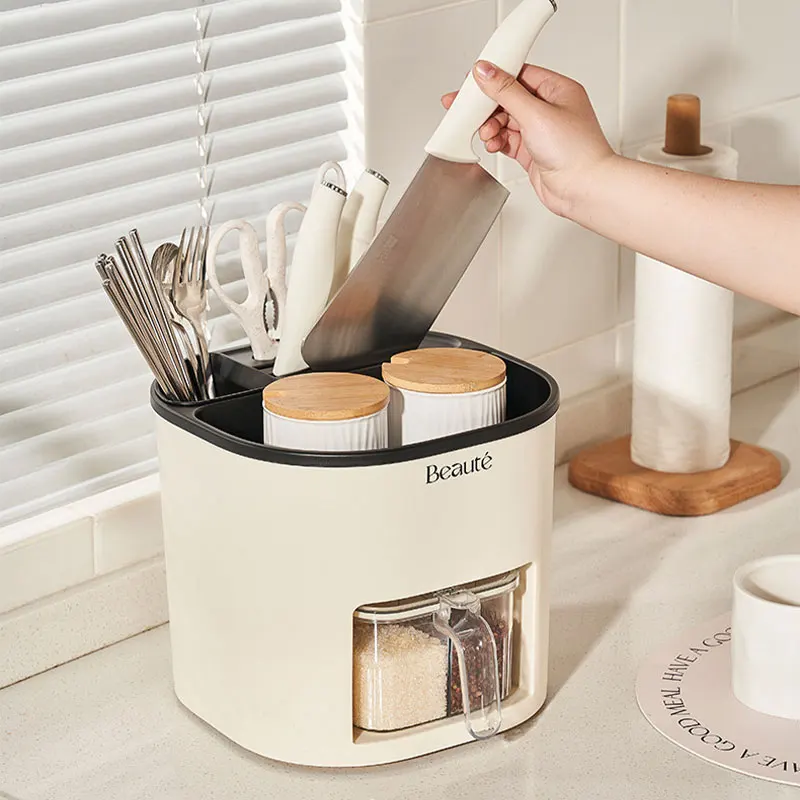 

Multi-functional Kitchen Storage Rack with Spice Jar Cutlery Knife Chopsticks Holder 360° Rotatable Container for Kitchen Tools