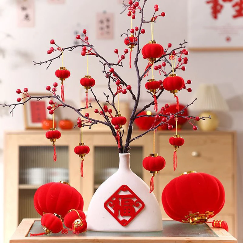 

25/30Pcs Flocking plastic Red Lanterns DIY Mini Lucky Hanging Lantern Wedding Party Decor Chinese Spring Festival New Year Gift