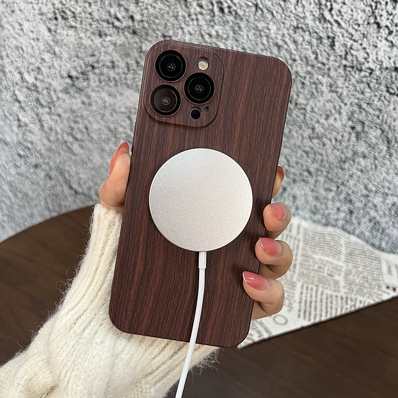 MagSafe Charger Wood Grain For Magsafe Magnetic Wireless Charging Smooth Thin Case For iPhone 13 12 Pro Max Shockproof Lens Film Hard PC Funda apple mag safe charger