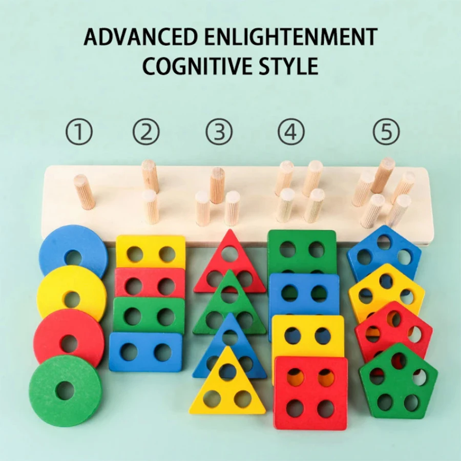 Montessori Wooden Geometric Shape Five Sets of Columns Blocks Assembling Children's Enlightenment Early Education Puzzle Toys 5
