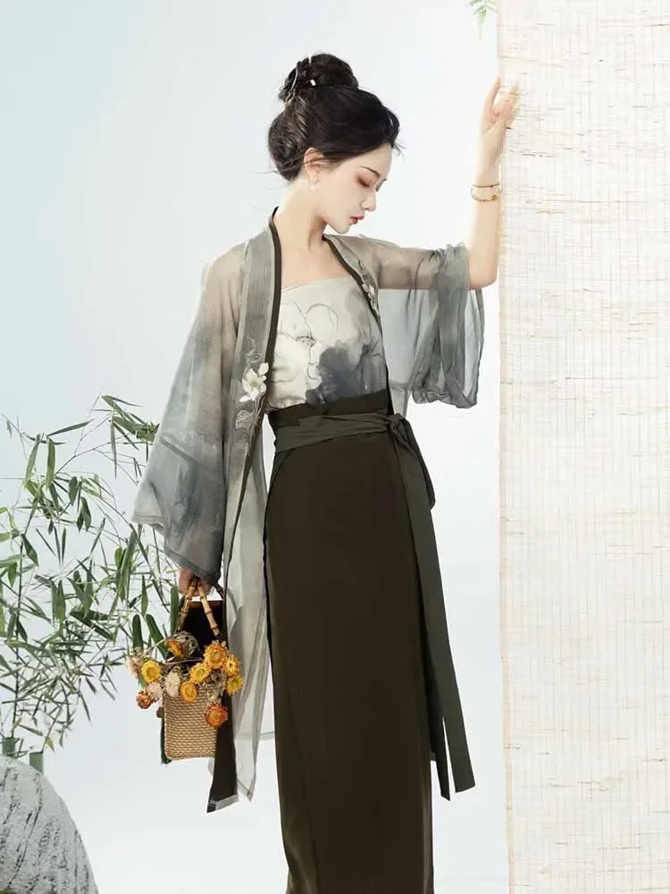 Modernized Chinese Ancient Hanfu Dress Women Party Outfit Summer Printed Short-sleeved Cardigan Wrap Skirt 3pcs Sets Hanfu