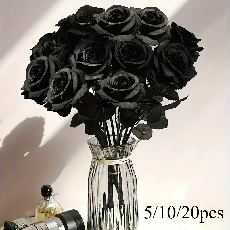 Elegant Long-Stem Black Artificial Roses for Halloween and Home Décor