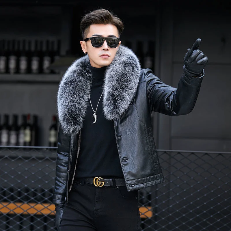 

Men Genuine Leather Real Sheepskin Jackets Big Fox Fur Collar Liner Coats
