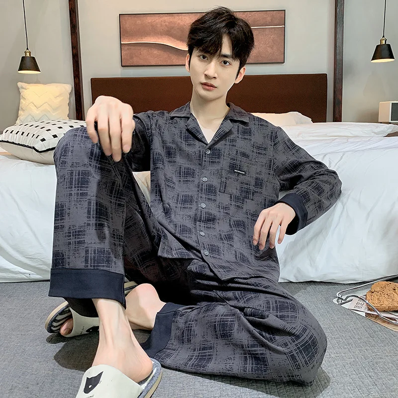 Spring Autumn Men's Cotton Pajamas Lapel Long sleeve Cardigan Pants Oversized Loose Casual Home Clothing Set