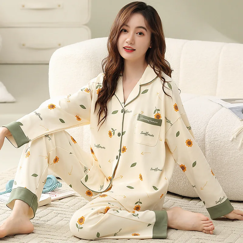 Spring Autumn Women's Pure Cotton Pajamas Long Sleeve Cardigan Pants Loose Oversized Home Clothing Set Sweet Cute Sleepwear