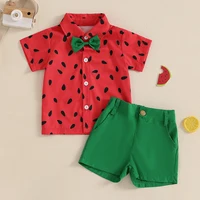 1-4Y Kids Boys Summer Outfits Watermelon Pattern Button Down Turn Down Collar Short Sleeve Shirt with Shorts 2 Pcs Boys Set