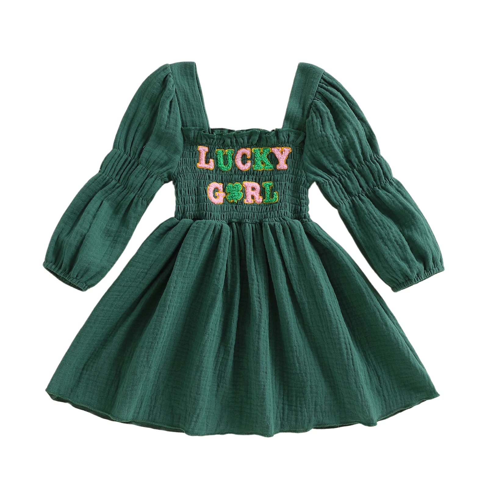 Infant Girl s Spring Dress with A-Line Design and Embroidered Four Leaf Clover Detail Smocked Long Sleeve Dress for Toddlers