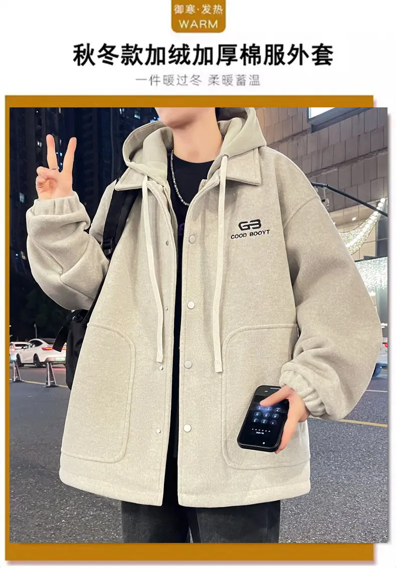 Lässige Herren-Fleece-Futtermäntel mit Kapuze, 20225, Winter, Jugend, Streetwear, lockere Plüsch-warme Jacke, winddicht, samtgepolstertes Oberteil – Detail 1