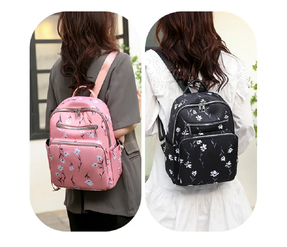 New Women Fashion Printing Nylon Double Zipper Shoulder Bags Large Capacity Casual Travel Backpack Notebook Laptop School Bag