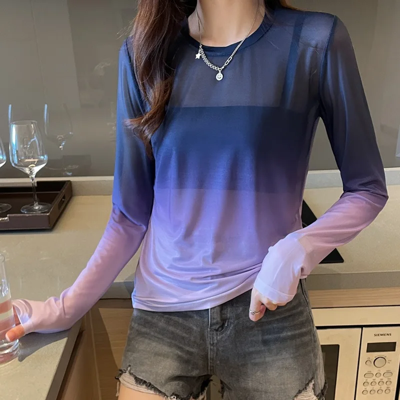 

New Gradient Loose Long Sleeved T-shirt See-through Underlay Top for Women Spring/Summer 2023 Mesh Bottom Y2k Tops