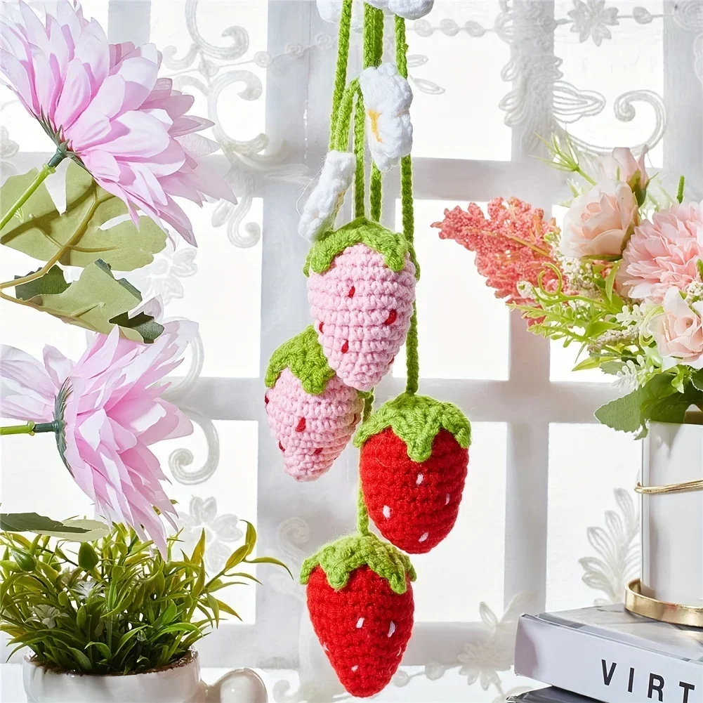 Knitted Strawberry Car Mirror Decoration