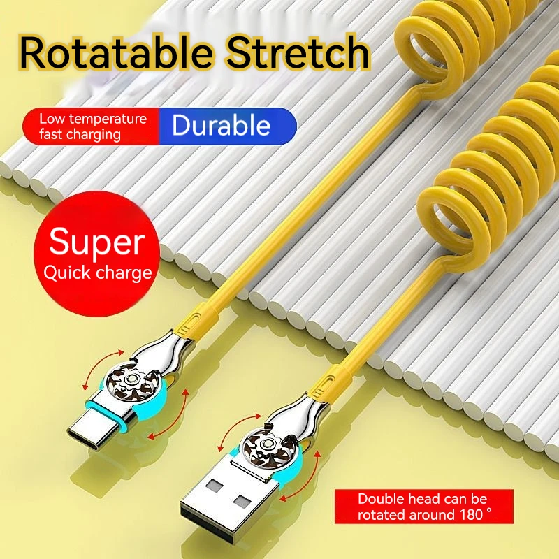 

USB Type C Data Cable Micro USB Spring Pull Telescopic 6A Fast Charging Cable For Android Phone Accessories Car Cable 1.8m