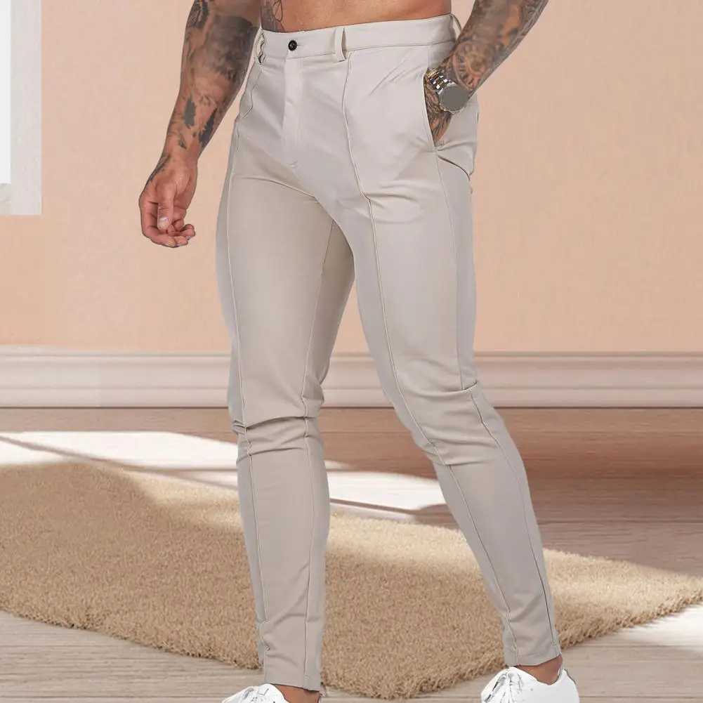 Casual pants formal trousers Adjustable Waist Pants Men's Slim Fit Solid Color Business Trousers with Breathable Mid Waist Ankle Length Soft for Comfortable
