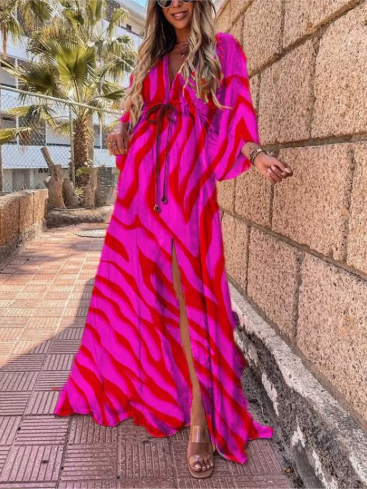 

2024 Spring Summer Printed Long Dresses For Women Fashion V-neck Bohemian Beach Slit Dress Casual Vacation Ladies Maxi Vestidos