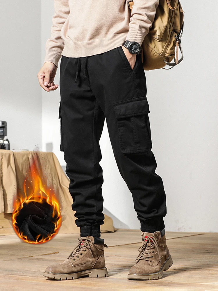 2024 New Winter Cargo Pants Men Multi-Pockets Drawstring Fleece Liner Thick Warm Overalls Joggers Casual Cotton Thermal Trousers 5