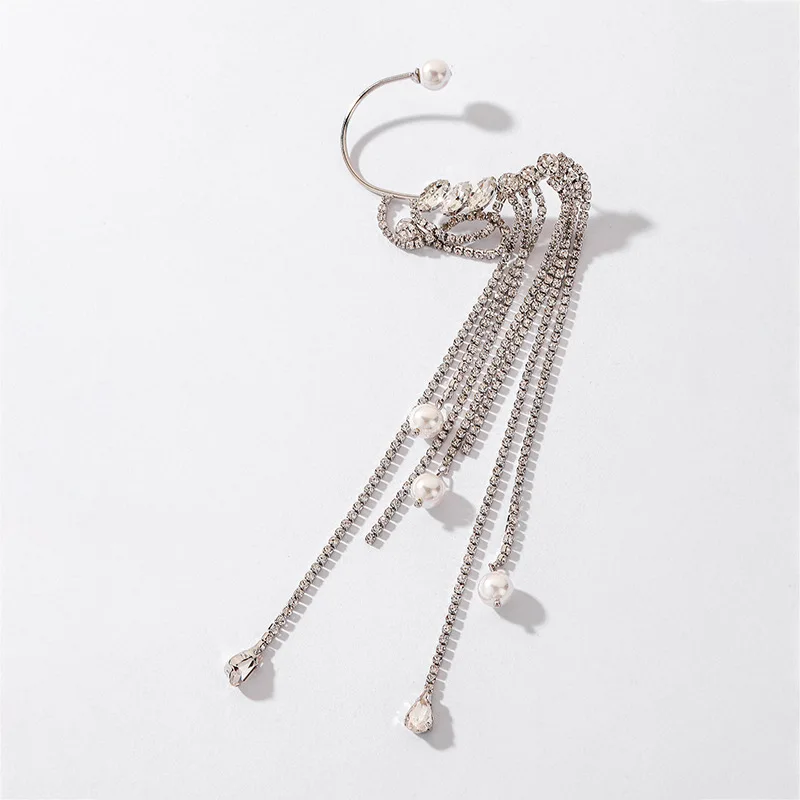 

European and American Women Exaggerated Pearl Rhinestone Tassel Ear Hanging Stud Earrings One-Piece Ins Earrings