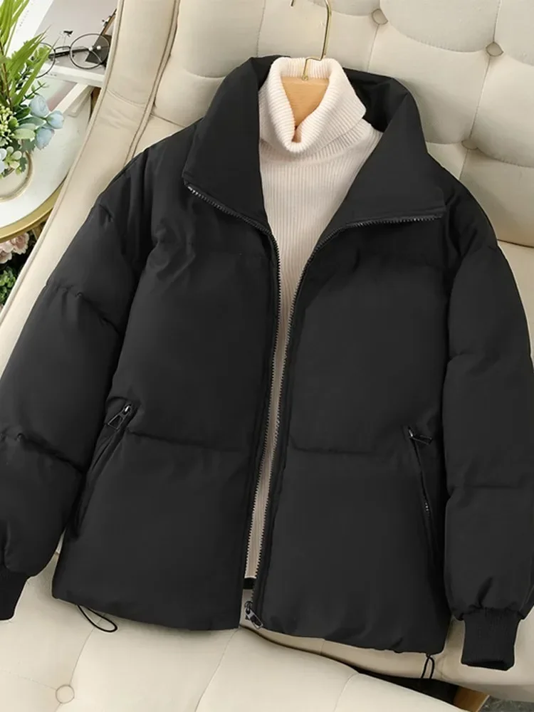 

Autumn New Short Women Padded Cotton Jacket Lapel Drawstring Waist Warm Coat Loose Thicked Female Outwear