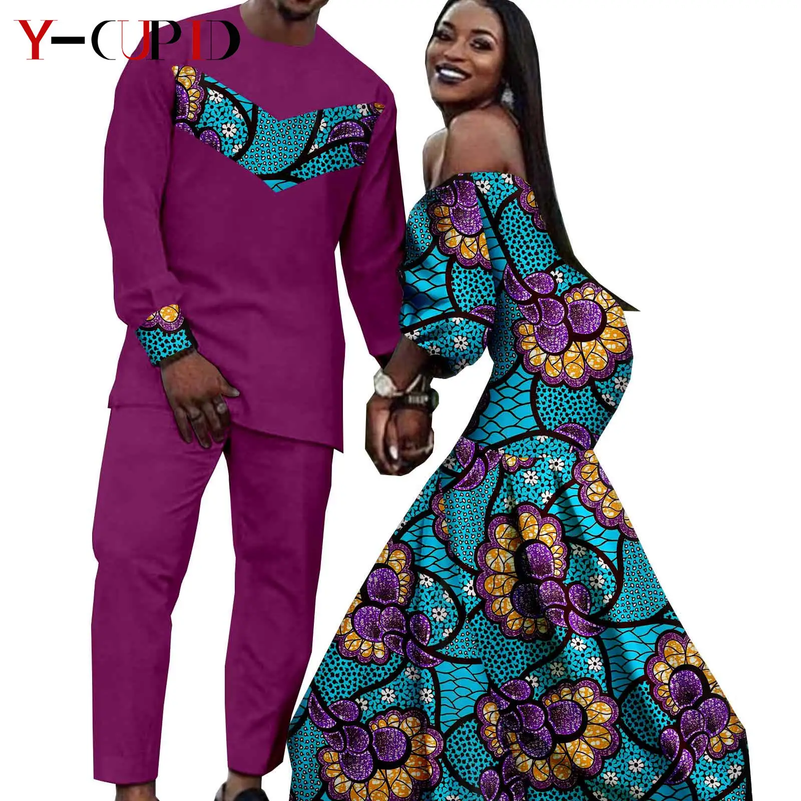 African Print Long Mermaid Dresses for Women Match Men Outfits Dashiki Top and Pants Sets Bazin Riche Couples Clothes Y22C024