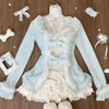 Sweet Lolita Lace Bow Plush Cardigan+ Sexy Slim Fit Strapless Vest Tops+ High Waist Ruched Skirts Early Winter Three Piece Sets 1