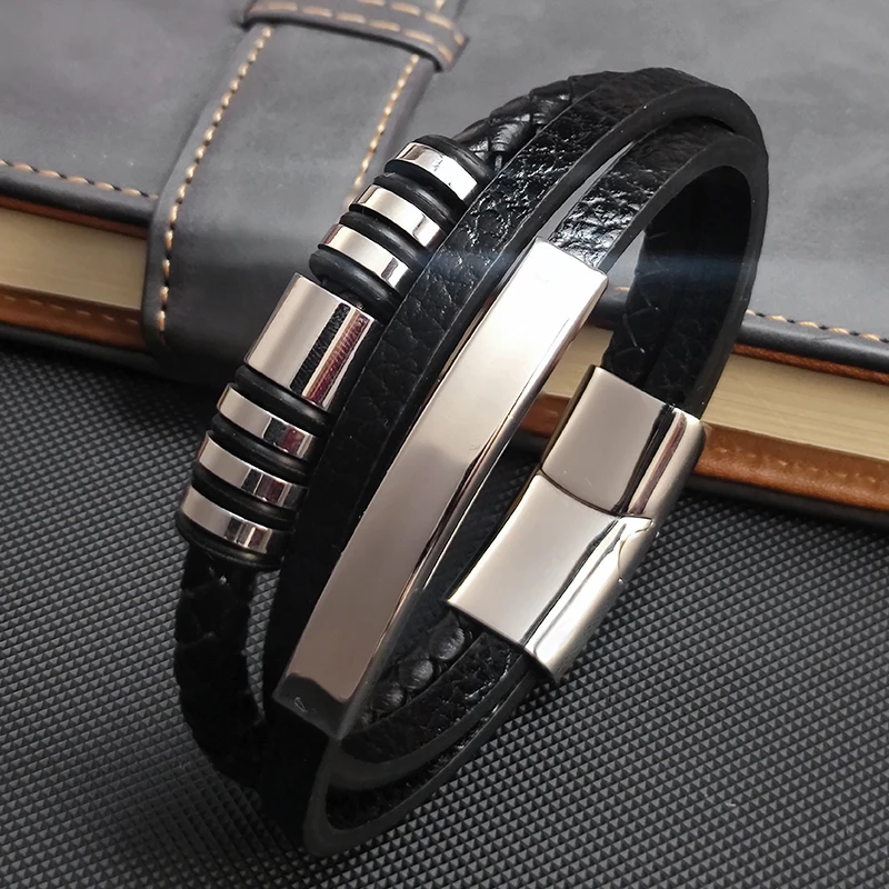 Stainless Steel & Leather Multilayer Men's Bracelet - Stylish Gift